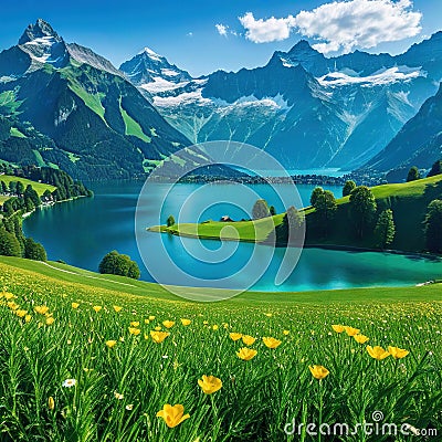 Alps mountain range with Mount Lake verdant alpine meadows in and are all visible in the Cartoon Illustration