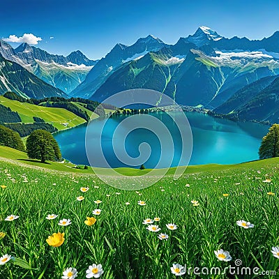 Alps mountain range with Mount Lake verdant alpine meadows in and are all visible in the Cartoon Illustration