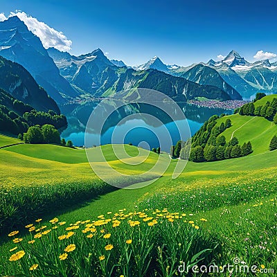 Alps mountain range with Mount Lake verdant alpine meadows in and are all visible in the Cartoon Illustration