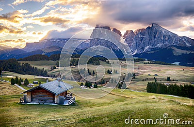 Alps sunrise green mountain panorama landscape, Alpe di Siusi Stock Photo