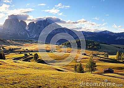 Alps sunrise green mountain panorama landscape, Alpe di Siusi Stock Photo