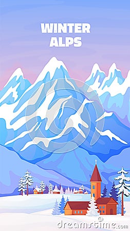 Alps winter poster. Vintage cartoon banner with high snowy peaks of Alps in Austria or Switzerland. Vector ski resort Vector Illustration