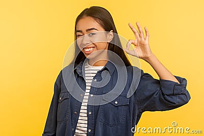 Alright, I agree! Portrait of cheerful smiling girl in denim shirt showing ok hand gesture, approval cool symbol Stock Photo