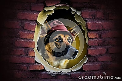 An alsatian dog in the alcove of a brick wall, generative Ai Stock Photo