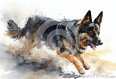 Alsatian pet dog watercolour portrait painting which is a popular canine purebred pedigree breed also known as a German Shepherd Cartoon Illustration