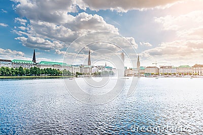 Alster Lake Binnenalster panorama in Hamburg, Germany under beautiful sky Stock Photo