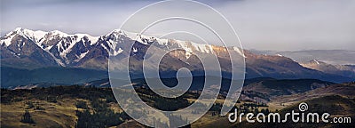 Altai, Ukok plateau. Beautiful sunset with mountains in the background. Snowy peaks autumn. Journey through Russia, Altay Stock Photo