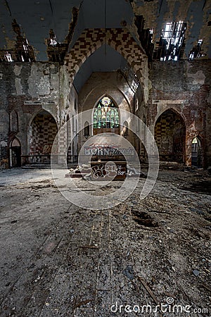 Altar - Broken Stained Glass, Collapsing Building & Graffiti - Abandoned Church Stock Photo