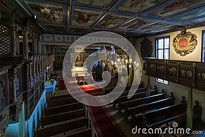 Klepsk, Poland - May 7, 2019: The altar and sanctuary from the organ gallery of the Evangelical Church of the Blessed Virgin Mary Editorial Stock Photo