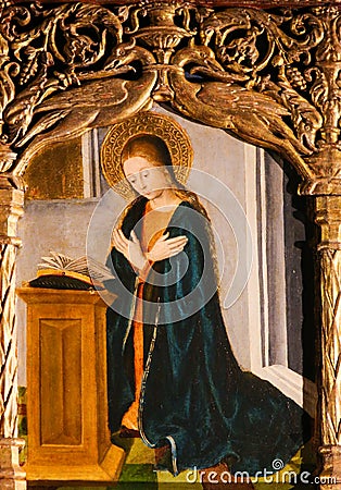 Altarpiece of St Nicolas in Monaco Cathedral - Mother Mary Praying Editorial Stock Photo