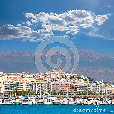 Altea village in alicante with marina boats foreground Stock Photo