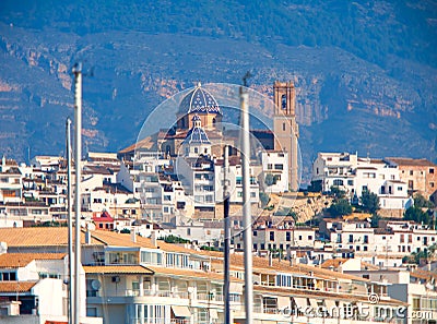 Altea village in alicante with marina boats foreground Stock Photo