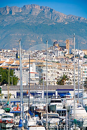 Altea village in alicante with marina boats foreground Stock Photo