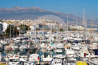 Altea village in alicante with marina boats foreground Stock Photo