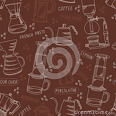 Alternative coffee brewing methods brown and beige vector seamless pattern Vector Illustration