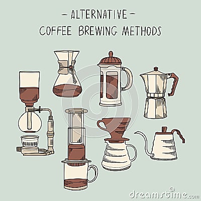 Alternative coffee brewing methods illustration set Vector Illustration