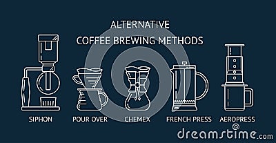 Alternative coffee brewing methods. Set vector white line icons. Siphon, pour over, chemex, french press, aeropress. Flat design. Vector Illustration