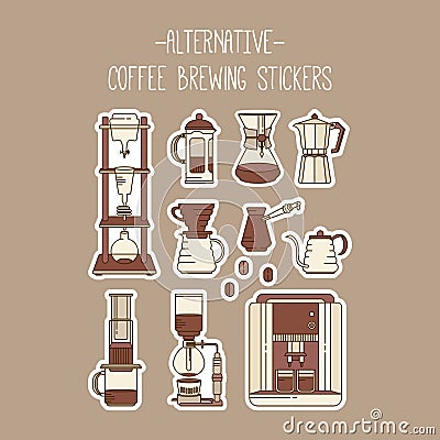 Alternative coffee brewing methods stickers set. Collection of vector percolators Vector Illustration