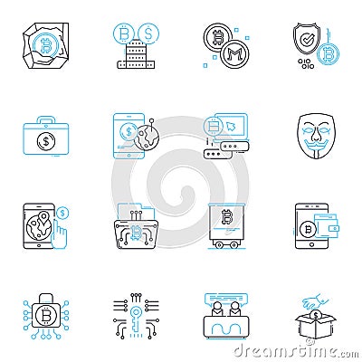 Alternative currency linear icons set. Cryptocurrency, Blockchain, Decentralized, Digital, Virtual, Peer-to-peer, Token Vector Illustration
