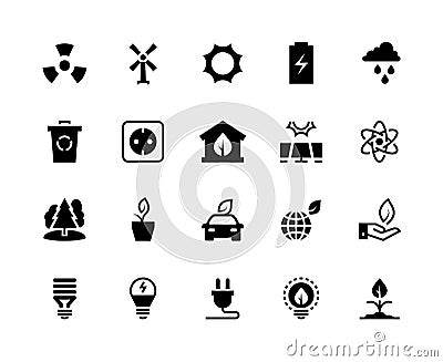 Alternative energy black icons. Renewable eco nature green water wind solar energy saving power plant factory. Clean Vector Illustration