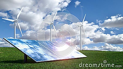 Alternative energy concept with wind turbines and solar panels. Stock Photo