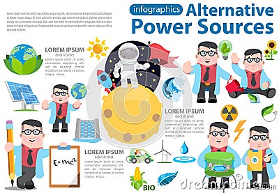 Alternative energy infographics. Solar panels, wind turbines, hydro dam, biological energy sources. Science and Vector Illustration