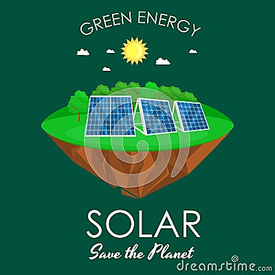 Alternative energy power, solar electricity panel field on a green grass ecology concept, technology of renewable sun Vector Illustration