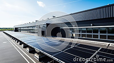 Alternative energy. Solar panels on the roof of a black industrial or RND building. autonomous power supply Stock Photo
