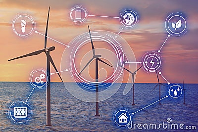 Alternative energy source. Floating wind turbines and scheme Stock Photo