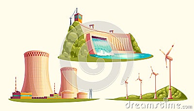 Alternative energy sources, vector cartoon set Vector Illustration