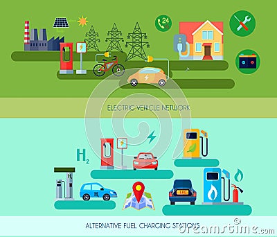 Alternative Energy Vehicles Banners Set Vector Illustration