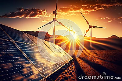 Alternative forms of solar panel energy and wind generators Stock Photo
