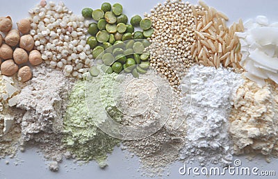 Alternative gluten-free flour, grains and legumes - teff, amaranth, corn, chickpeas, sorghum, green peas, quinoa, rice, coc Stock Photo