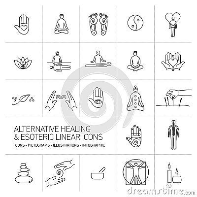 Alternative healing and esoteric linear icons set black on white Cartoon Illustration