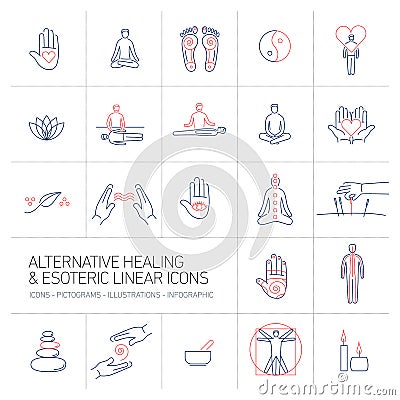 Alternative healing and esoteric linear icons set blue and red Cartoon Illustration