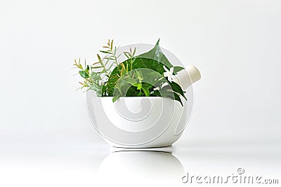 Alternative herbal medicine, Mortar with healing botanical. Stock Photo