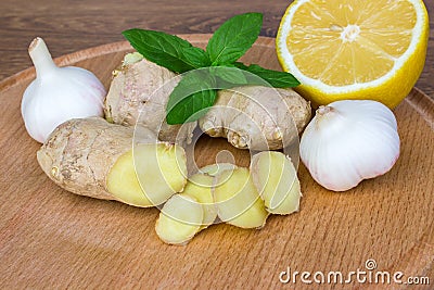 Alternative Medicine with Lemon, Ginger and Garlic Stock Photo