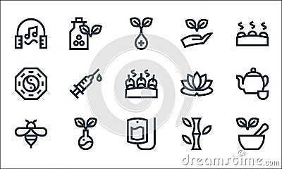 alternative medicine line icons. linear set. quality vector line set such as mortar, iv bag, bee, bamboo, herbs, yin yang, lotus Vector Illustration