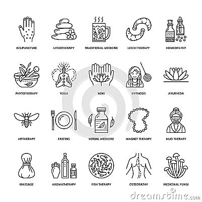 Alternative medicine line icons. Naturopathy, traditional treatment, homeopathy, osteopathy, herbal fish and leech Vector Illustration