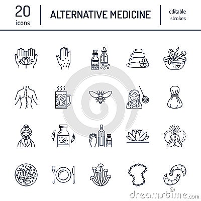 Alternative medicine line icons. Naturopathy, traditional treatment, homeopathy, osteopathy, herbal fish and leech Vector Illustration