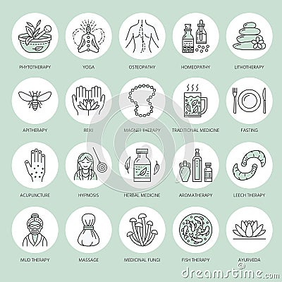 Alternative medicine line icons. Naturopathy, traditional treatment, homeopathy, osteopathy, herbal fish and leech Vector Illustration