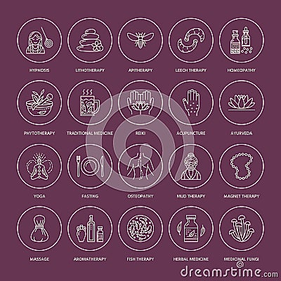 Alternative medicine line icons. Naturopathy, traditional treatment, homeopathy, osteopathy, herbal fish and leech Vector Illustration