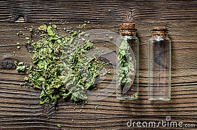 Alternative medicine. Store up medicinal herbs. Dried herbs on wooden table background Stock Photo