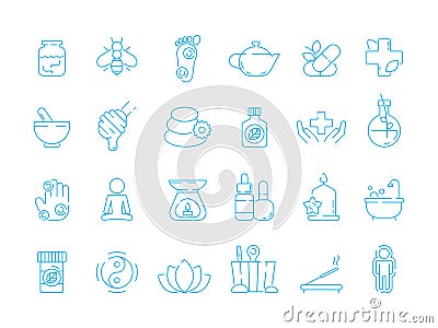 Alternative medicine symbols. Holistic vitamin herbal care traditional naturopathy vector linear icon set Vector Illustration