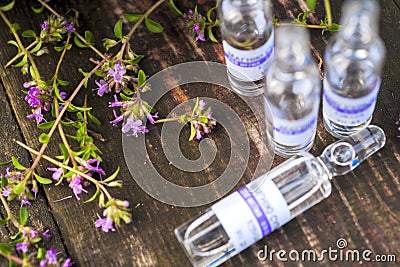 Alternative Medicine.Thyme and medical ampoules. Essential oils Stock Photo