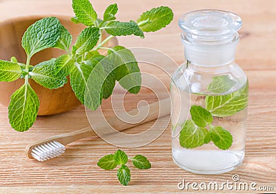 Alternative natural mouthwash bottle with mint and wood toothbrush closeup on wooden Stock Photo