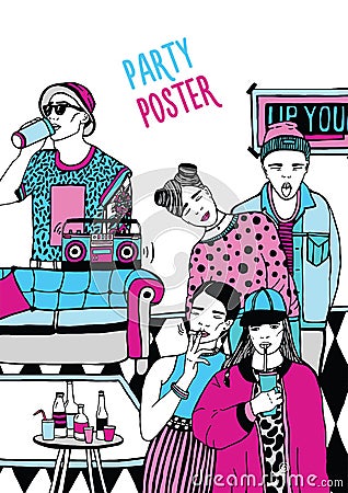 Alternative party poster. Placard with dancing, drinking young people, music. hand drawn colorful illustration. Vector Illustration