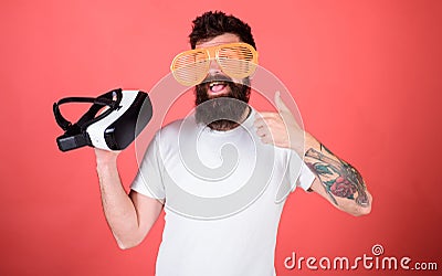 Alternative reality. Choice between reality and VR. Man making decision what choose real or virtual. Man bearded hipster Stock Photo