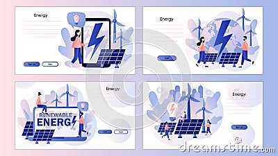 Alternative renewable energy. Power plant with solar panels and windmills. Green energy concept. Screen template for Vector Illustration