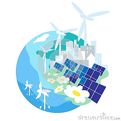 Alternative renewable energy. Solar panel, wind turbines, tidal turbine on ocean. Abstract Earth. Simple flat design Vector Illustration